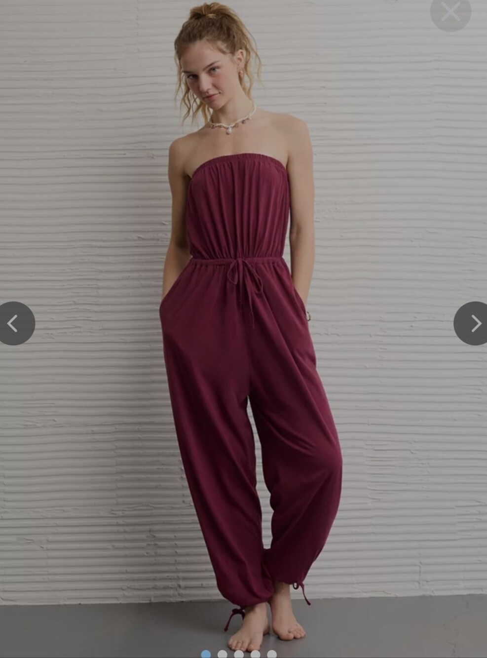 aerie Strapless Burgundy Jumpsuit with Drawstring Waist